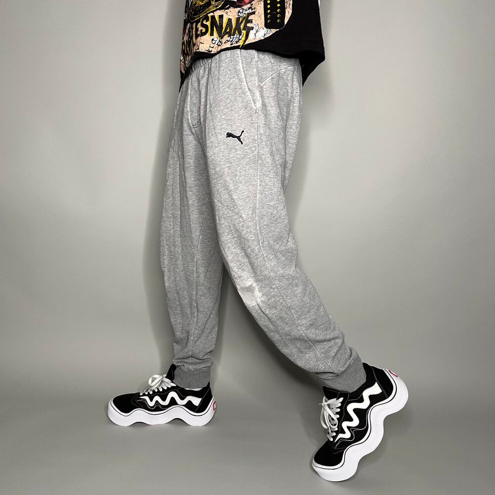 Vintage Y2K Puma Joggers Mens L Baggy Light Grey Cotton Sweatpants Black Logo